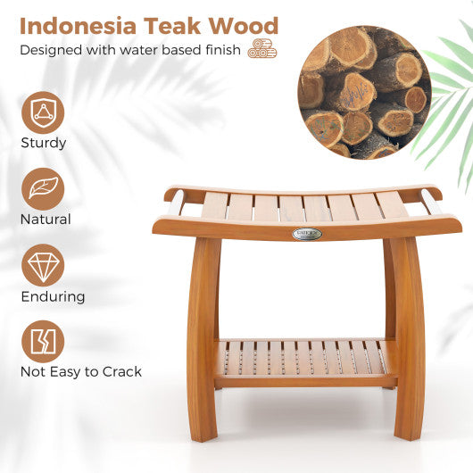 2-Tier Teak Wood Shower Bench Shower Stool with Curved Seat and Handles
