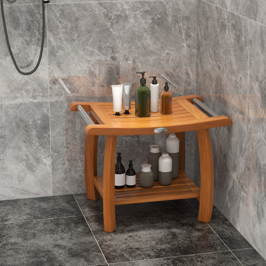 2-Tier Teak Wood Shower Bench Shower Stool with Curved Seat