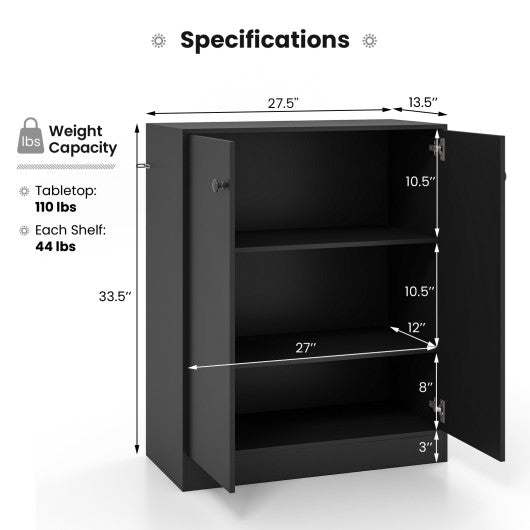 2-Door Modern Floor Storage Cabinet with 3-Tier Shelf-Black