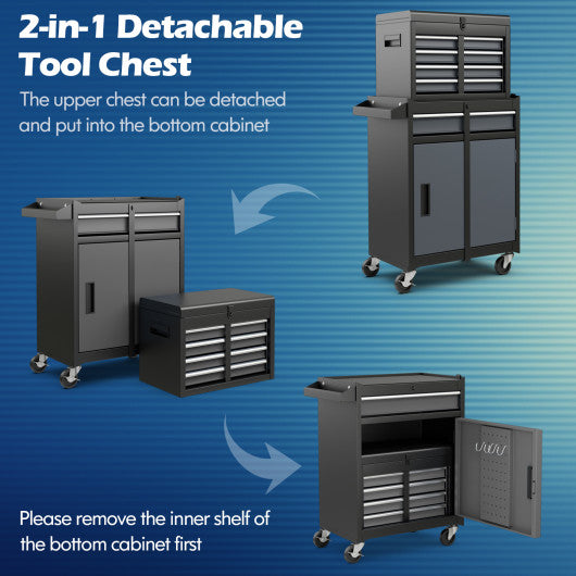 2-in-1 Rolling Tool Chest with 5 Sliding Lockable Drawers-Black & Gray