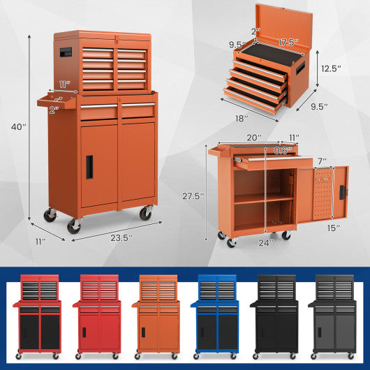2-in-1 Rolling Tool Chest with 5 Sliding Lockable Drawers-Orange