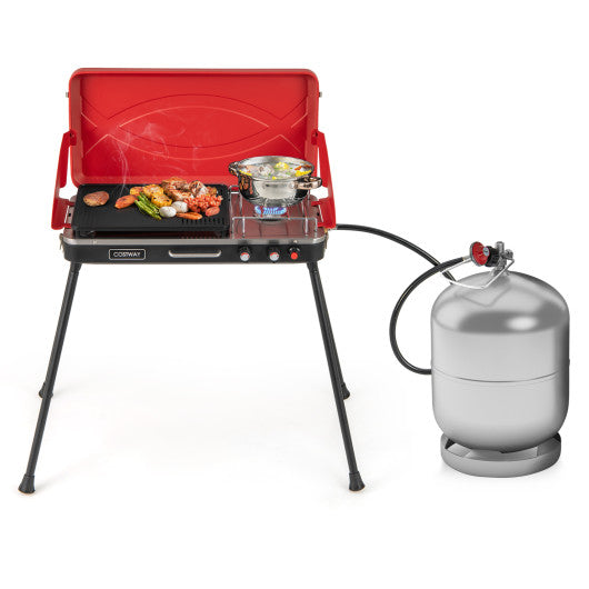 2-in-1 Gas Camping Grill and Stove with 4 Detachable Legs-Red