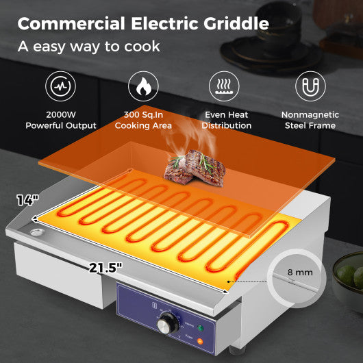 2000W Commercial Stainless Steel Grill with Adjustable Temp Control and Accessories-Silver