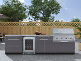 Outdoor Kitchen Aluminum 7 Piece Cabinet Set with 3-Drawer, Bar, Grill Cabinet, Performance Grill, Countertops and Glass Door Fridge