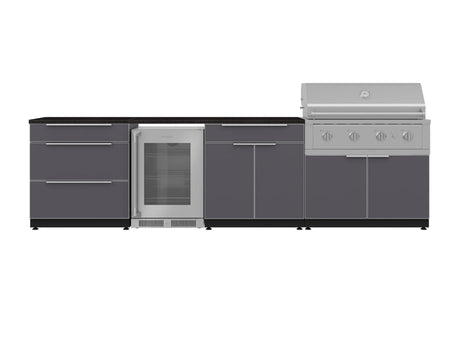 Outdoor Kitchen Aluminum 7 Piece Cabinet Set with 3-Drawer, Bar, Grill Cabinet, Performance Grill, Countertops and Glass Door Fridge