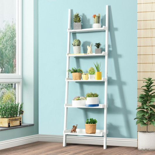 5-Tier Wall-leaning Ladder Shelf  Display Rack for Plants and Books-White