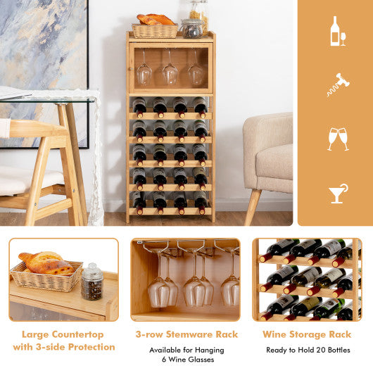 20-Bottle Freestanding Bamboo Wine Rack Cabinet with Display Shelf and Glass Hanger-Natural
