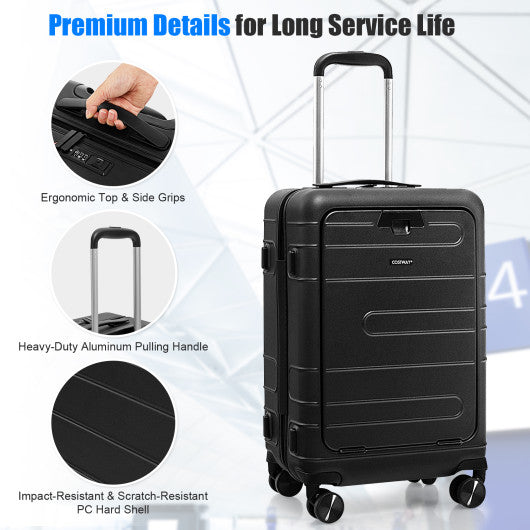 20 Inch Carry-on Luggage PC Hardside Suitcase TSA Lock with Front Pocket and USB Port-Black