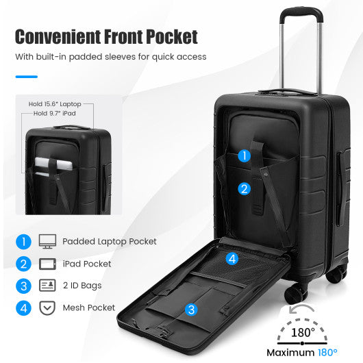 20 Inch Carry-on Luggage PC Hardside Suitcase TSA Lock with Front Pocket and USB Port-Black