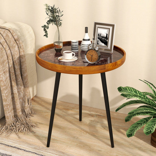 20 Inch Round End Table with Sea Shell Decoration and Epoxy Resin Finish-Brown