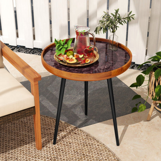 20 Inch Round End Table with Sea Shell Decoration and Epoxy Resin Finish-Brown