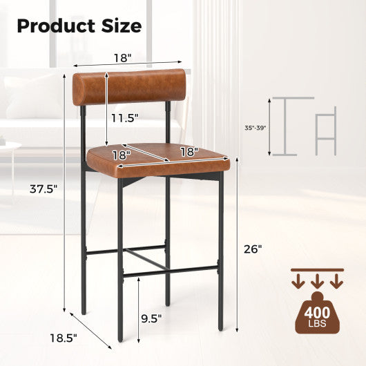 20 Inch Upholstered Bar Stools Set of 2 Counter Height Bar Chairs with  Backrest-Brown