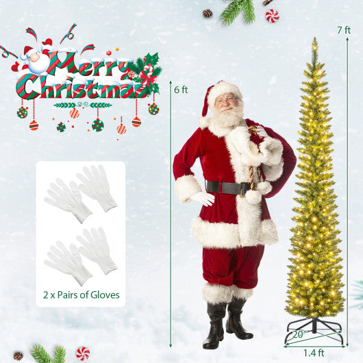 5/6/7/8/9 Feet Pre-lit Pencil Artificial Christmas Tree with 150/180/200//300/400 Warm White LED Lights-7 ft