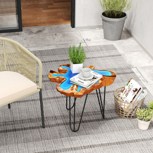 21 Inch Outdoor Epoxy Resin Teak Wood End Table with Irregular Tabletop