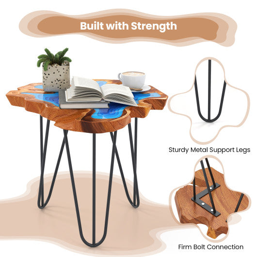 21 Inch Outdoor Epoxy Resin Teak Wood End Table with Irregular Tabletop