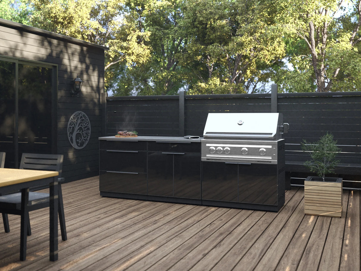 Outdoor Kitchen Aluminum 5 Piece Cabinet Set with 3-Drawer, 2-Door Cabinet, Countertops and Fridge
