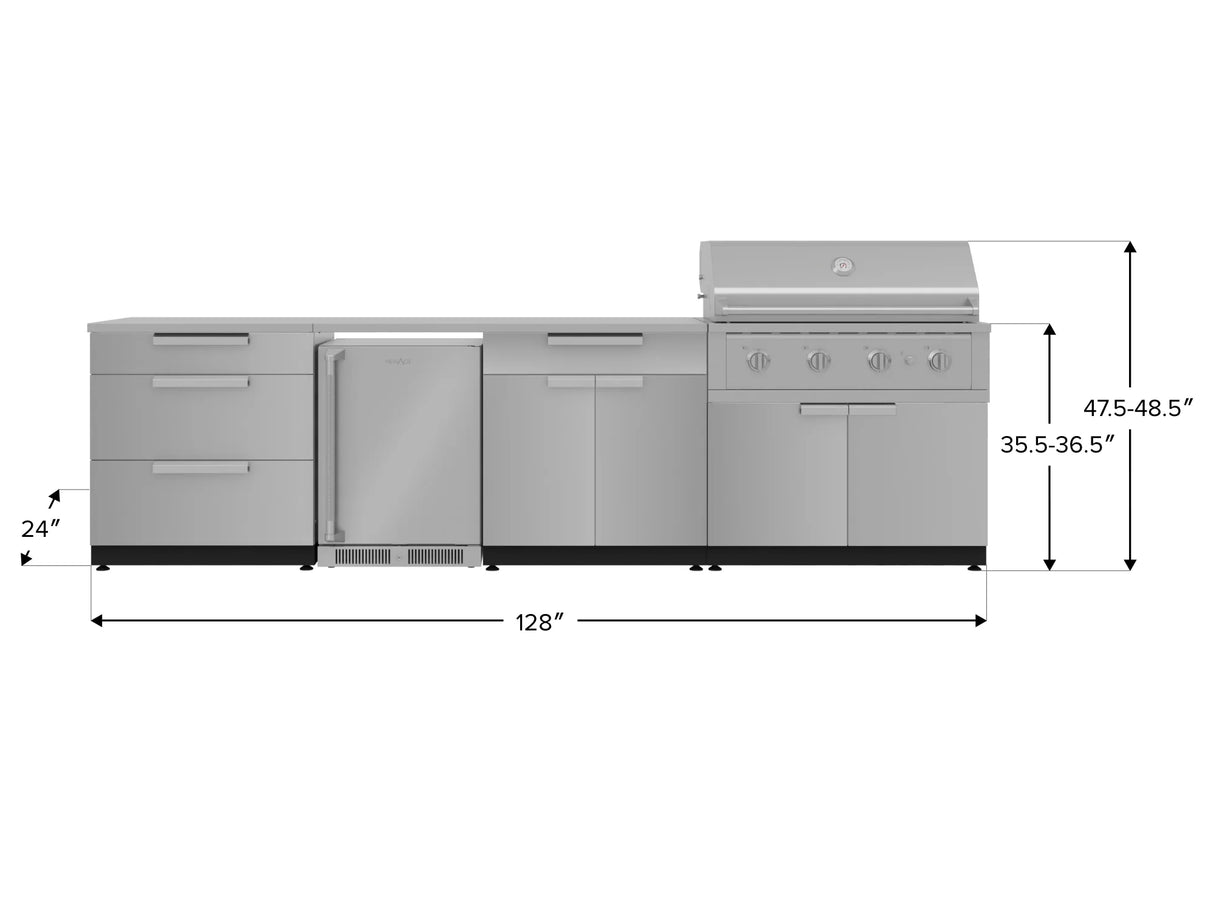 Outdoor Kitchen Stainless Steel 7 Piece Cabinet Set with 3-Drawer, Bar, Grill Cabinet, Performance Grill, Countertop, and Stainless Steel Door Fridge