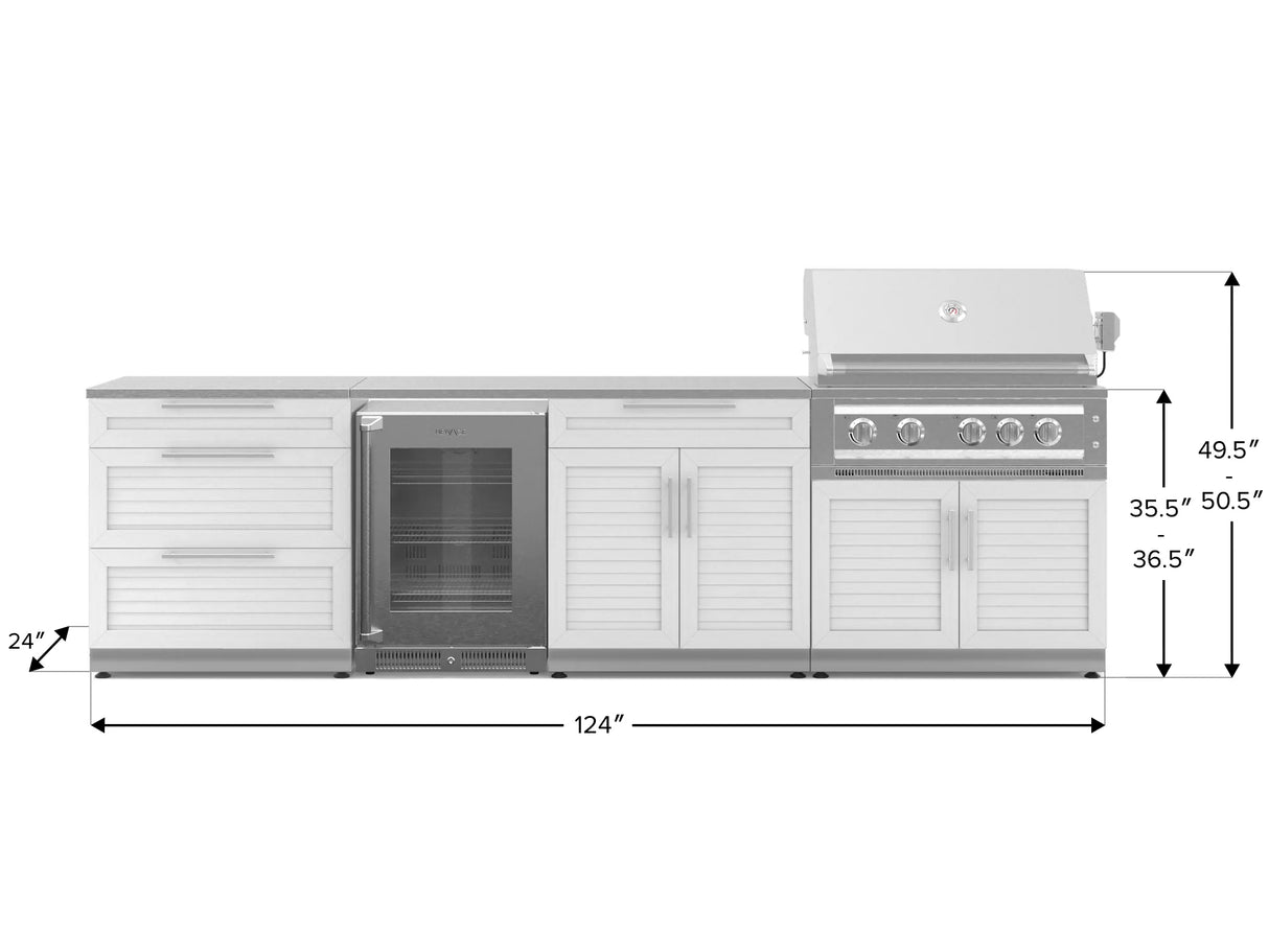 Outdoor Kitchen Stainless Steel 7 Piece Cabinet Set with 3-Drawer, Bar, Grill Cabinet, Platinum Grill, Countertop, and Glass Door Fridge