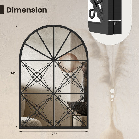 23 Inches x 34 Inches Arched Window Pane Mirror with Metal Frame for Living Room-Black