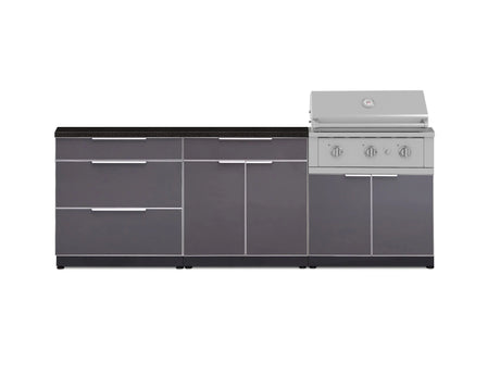 Outdoor Kitchen Aluminum 5 Piece Cabinet Set with 3 Drawer, Bar, Grill Cabinet, Performance Grill and Countertop