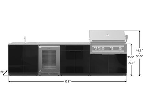 Outdoor Kitchen Aluminum 6 Piece Cabinet Set with Sink, Bar, Grill Cabinet, Platinum Grill, Countertop and Glass Door Fridge