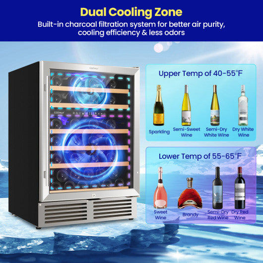 Dual Zone Wine Cooler for 51 Bottles with Reversible Door-Silver