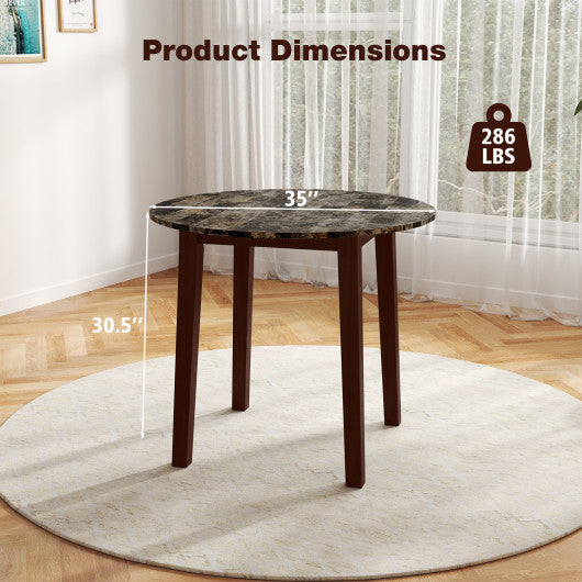 35 Inch Round Dining Table with Rubber Wood Legs and Marble-textured Veneer Tabletop-Brown
