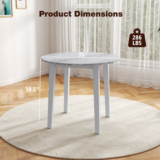 35 Inch Round Dining Table with Rubber Wood Legs and Marble-textured Veneer Tabletop-White