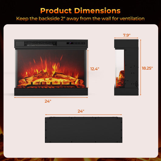 24 Inches 3-Sided Glass Electric Fireplace Heater with Remote Control