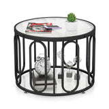 24 Inch Round Coffee Table with Reeded Tempered Glass Top and Oval Swivel Brackets-Black