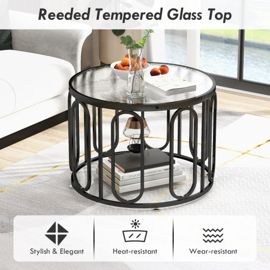 24 Inch Round Coffee Table with Reeded Tempered Glass Top and Oval Swivel Brackets-Black