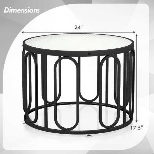 24 Inch Round Coffee Table with Reeded Tempered Glass Top and Oval Swivel Brackets-Black