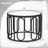 24 Inch Round Coffee Table with Reeded Tempered Glass Top and Oval Swivel Brackets-Black