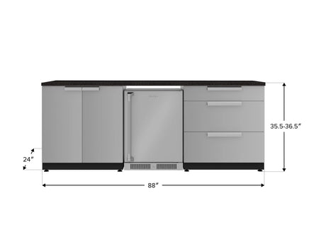 Outdoor Kitchen Stainless Steel 5 Piece Cabinet Set with 3-Drawer, 2-Door Cabinet, Countertops and Fridge