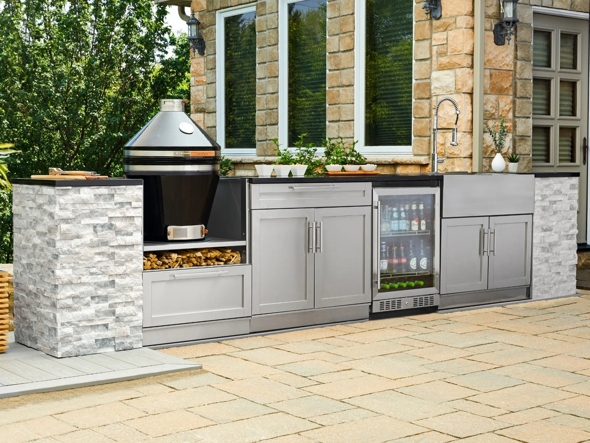 Outdoor Kitchen Signature Series 11 Piece L Shaped Cabinet Set with 3 Drawer, Bar, Dual Side Burner, Grill and Grill Cabinet