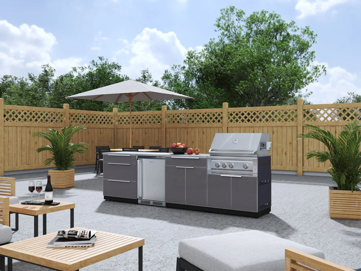 Outdoor Kitchen Aluminum 7 Piece Cabinet Set with 3-Drawer, Bar, Grill Cabinet, Platinum Grill, Countertops and Stainless Steel Door Fridge