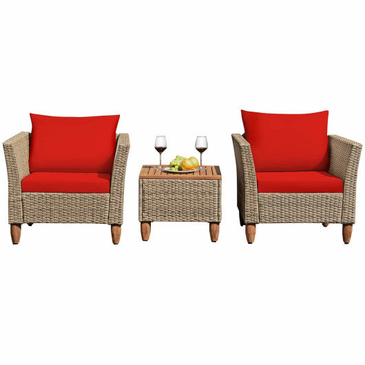 3 Pieces Patio Rattan Furniture Set with Washable Cushion for Yard Porch-Red