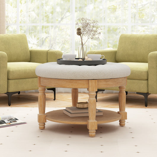 29 Inch Large Round Ottoman Coffee Table 2-Tier Upholstered Tufted Footrest Ottoman with Flip-up Top-Beige