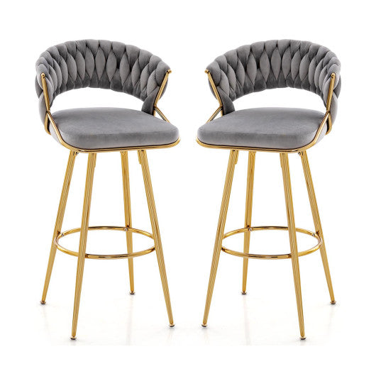 29 Inch Velvet Bar Stool Set of 2 with Woven Backrest and Gold Metal Legs-Gray