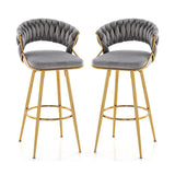 29 Inch Velvet Bar Stool Set of 2 with Woven Backrest and Gold Metal Legs-Gray