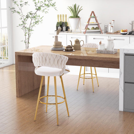 29 Inch Velvet Bar Stool Set of 2 with Woven Backrest and Gold Metal Legs-Beige