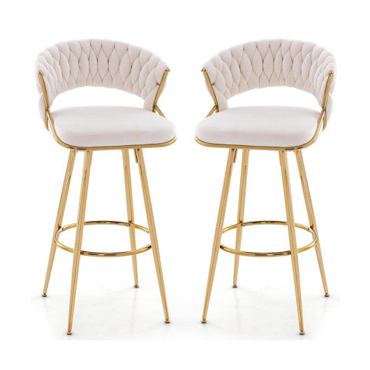 29 Inch Velvet Bar Stool Set of 2 with Woven Backrest and Gold Metal Legs-Beige