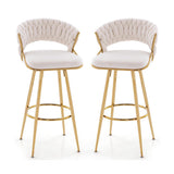29 Inch Velvet Bar Stool Set of 2 with Woven Backrest and Gold Metal Legs-Beige