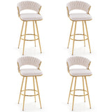 29 Inch Velvet Bar Stool Set of 2 with Woven Backrest and Gold Metal Legs-Beige