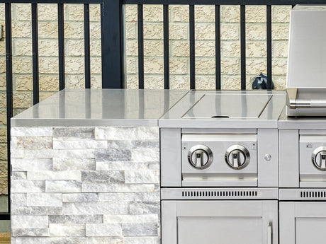 Outdoor Kitchen Signature Series 11 Piece L Shaped Cabinet Set with 3 Drawer, Bar, Dual Side Burner, Grill and Grill Cabinet