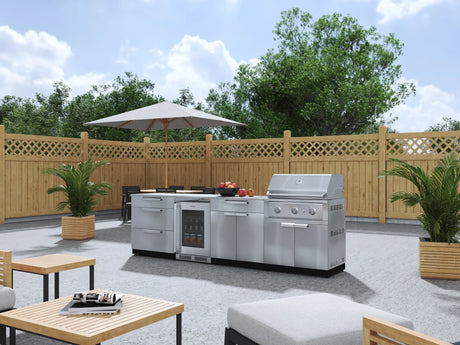 Outdoor Kitchen Stainless Steel 7 Piece Cabinet Set with 3-Drawer, Bar, Grill Cabinet, Performance Grill, Countertops, and Glass Door Fridge