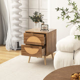 Set of 2 Rattan Nightstand with 2 Drawers and Solid Wood Legs-Natual