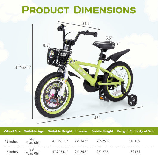 16 Inch Kids Bike Adjustable with Detachable Training Wheels for 4-8 Years Old-16 inches