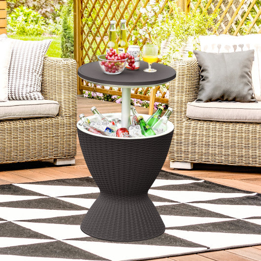 3 in 1 8 Gallon Patio Rattan Cooler Bar Table with Adjust Ice Bucket-Black