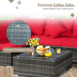 7 Pieces Patio Rattan Furniture Set Sectional Sofa Garden Cushion-Red